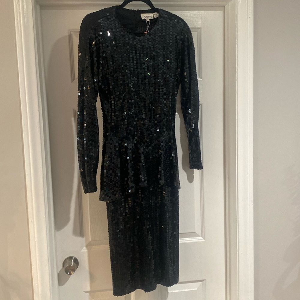 Vintage Black Sequins Glam Party dress Ruffle waist 80s 90s S